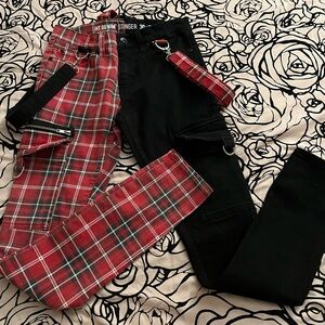 Hot Topic black and red plaid skinny jeans with suspenders
